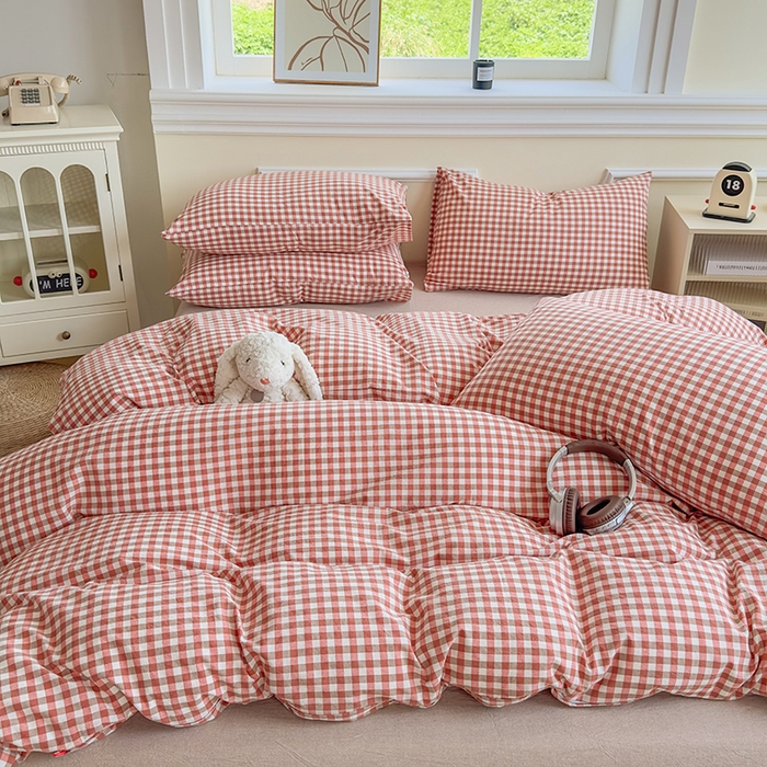 91家纺网 家纺一手货源 找家纺 菡宝 【不断货 预留5公分缩水】a类母婴级纯棉被罩全棉色织水洗棉被套单件 支持定制定做尺寸 橘红小格