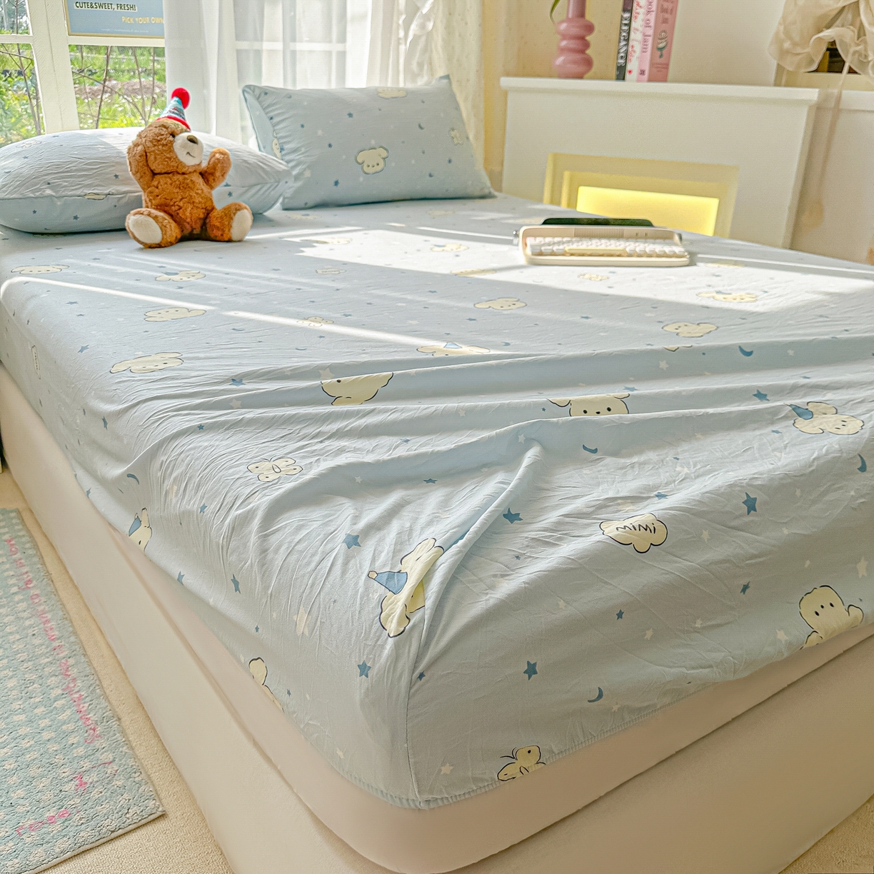 91家纺网 家纺一手货源 找家纺 韩巢家纺 2025新款超柔水洗棉印花床笠床笠单件单床笠学生宿舍专用热销款防滑床套 星月小狗