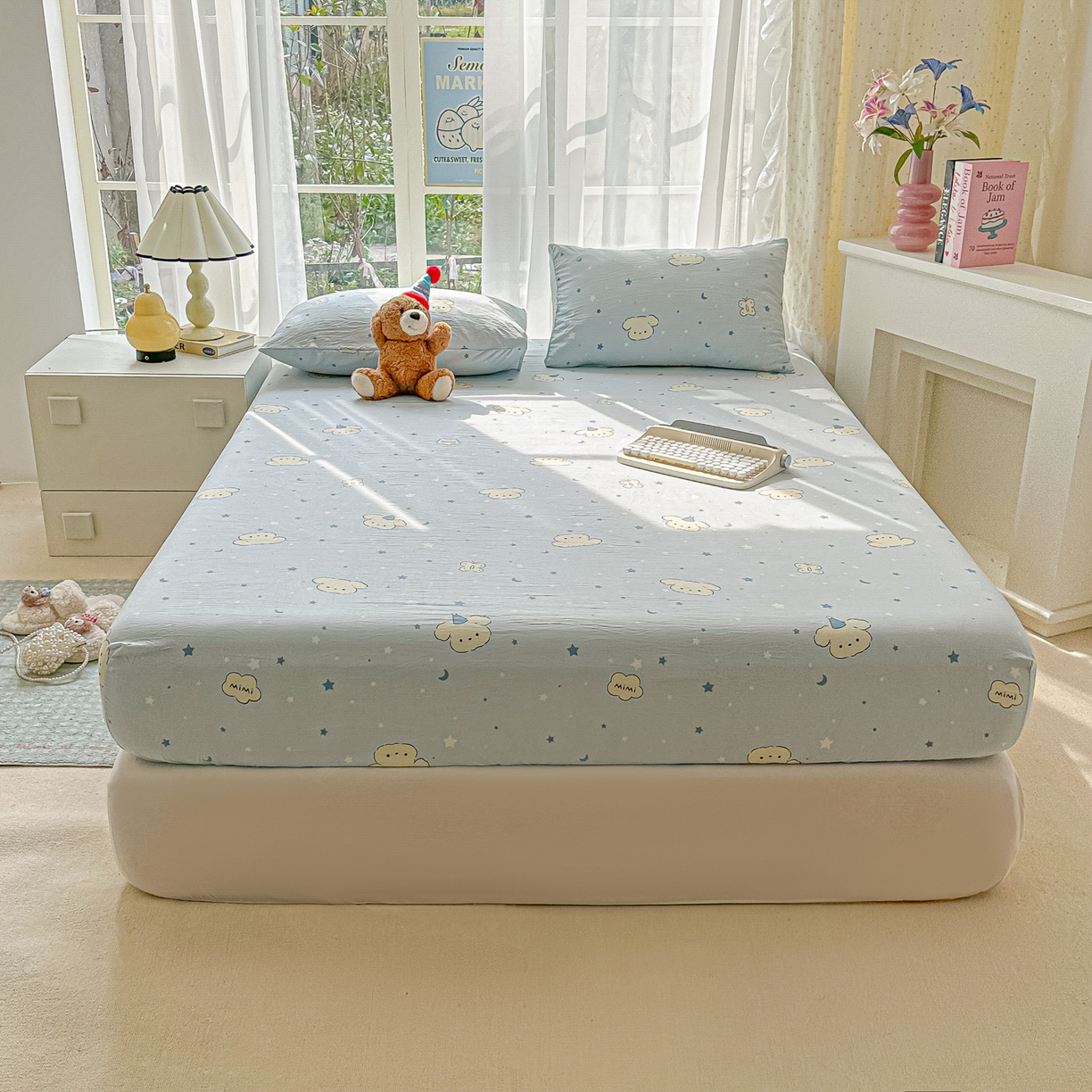 91家纺网 家纺一手货源 找家纺 韩巢家纺 2025新款超柔水洗棉印花床笠床笠单件单床笠学生宿舍专用热销款防滑床套 星月小狗