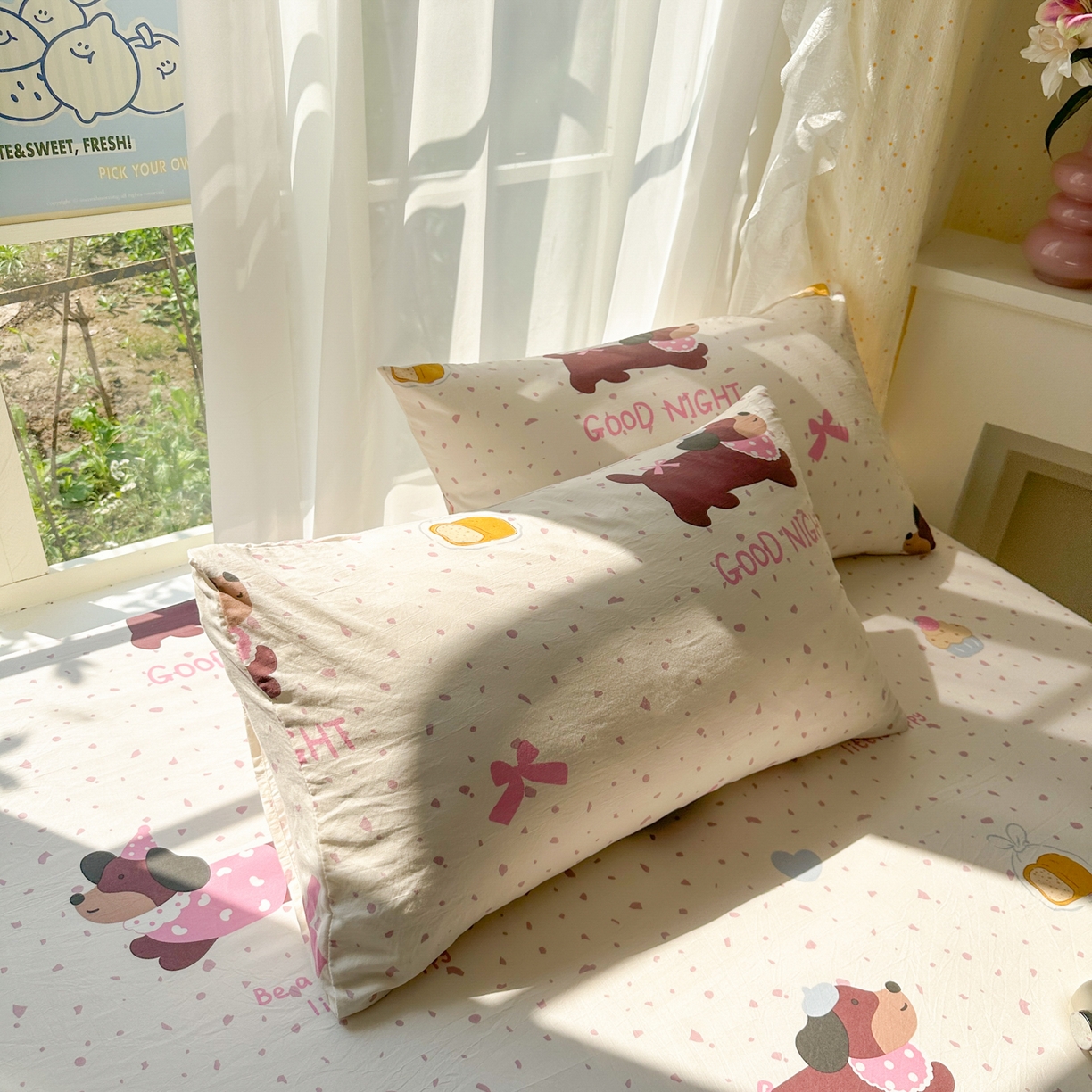 91家纺网 家纺一手货源 找家纺 韩巢家纺 2025新款超柔水洗棉印花床笠床笠单件单床笠学生宿舍专用热销款防滑床套 彩彩狗