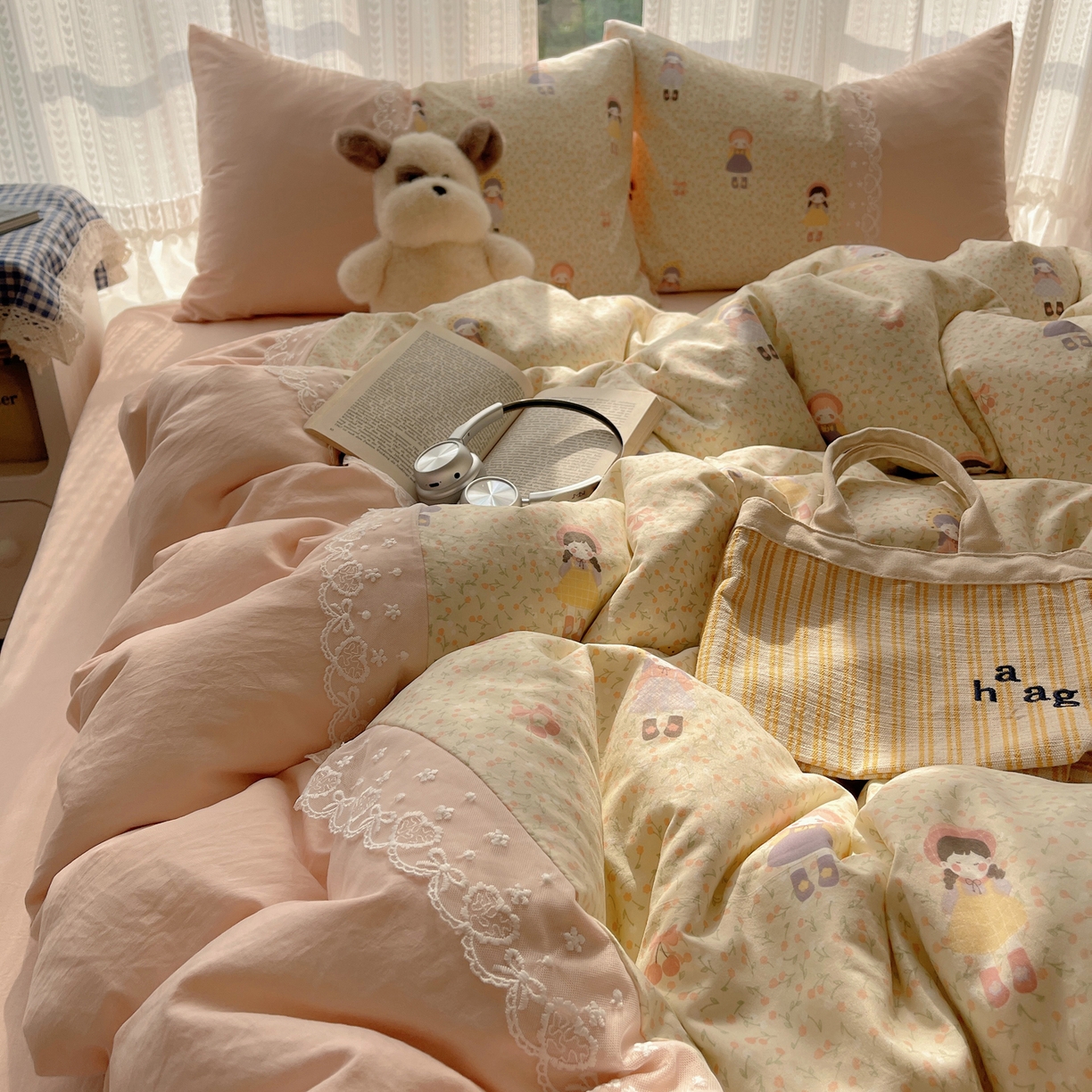 盼季家纺 2025新款柔软亲肤活性印花雪纺花边四件套 雪纺花边-邻家女孩