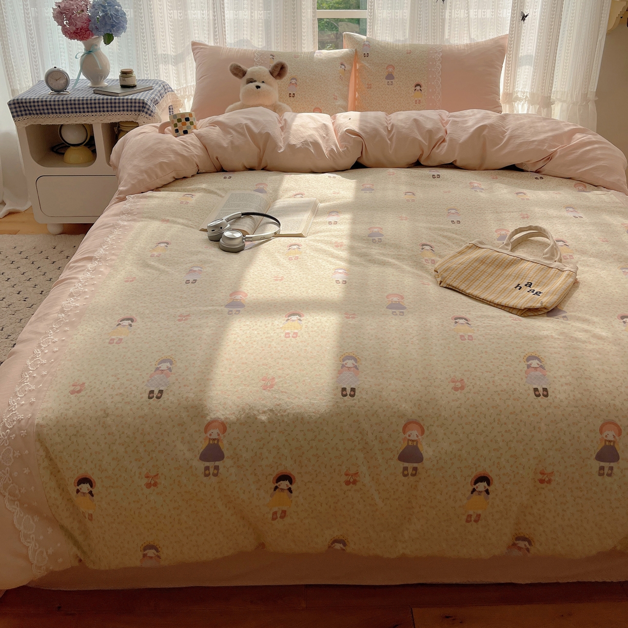 91家纺网 家纺一手货源 找家纺 盼季家纺 2025新款柔软亲肤活性印花雪纺花边四件套 雪纺花边-邻家女孩