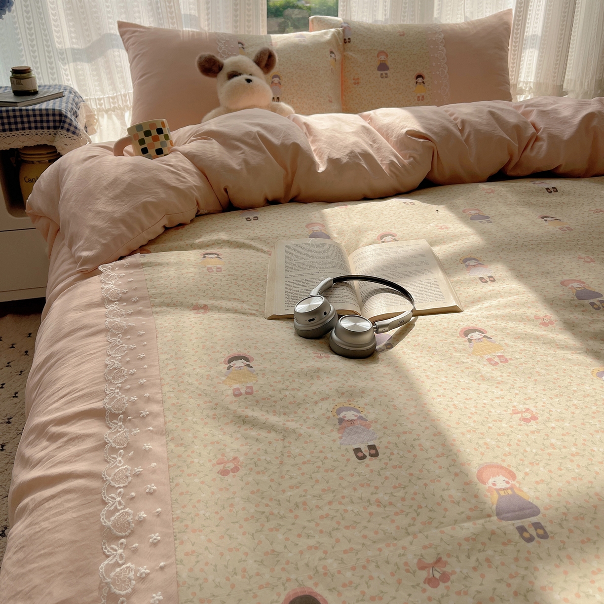 91家纺网 家纺一手货源 找家纺 盼季家纺 2025新款柔软亲肤活性印花雪纺花边四件套 雪纺花边-邻家女孩