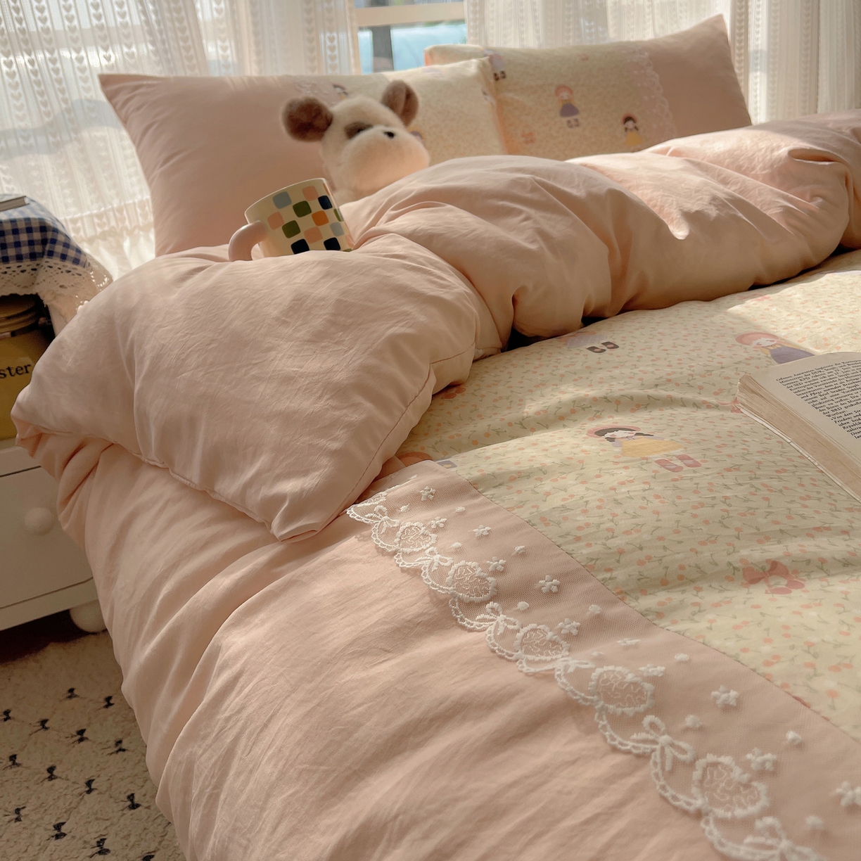 91家纺网 家纺一手货源 找家纺 盼季家纺 2025新款柔软亲肤活性印花雪纺花边四件套 雪纺花边-邻家女孩