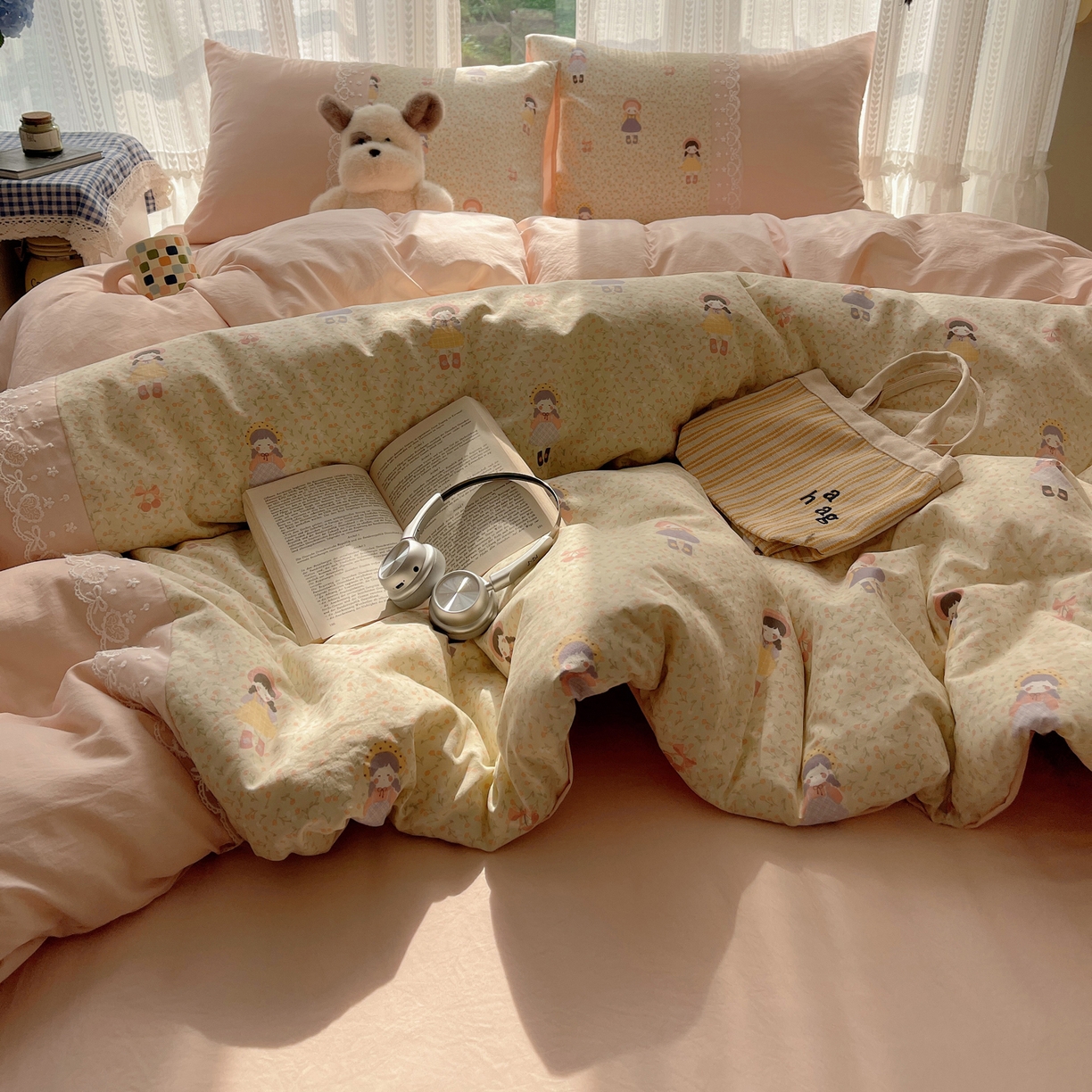 91家纺网 家纺一手货源 找家纺 盼季家纺 2025新款柔软亲肤活性印花雪纺花边四件套 雪纺花边-邻家女孩