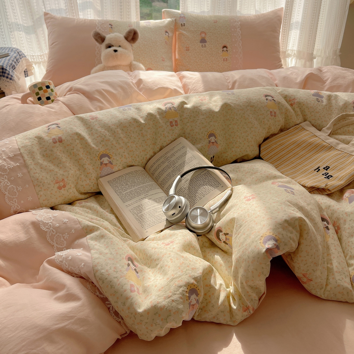 91家纺网 家纺一手货源 找家纺 盼季家纺 2025新款柔软亲肤活性印花雪纺花边四件套 雪纺花边-邻家女孩