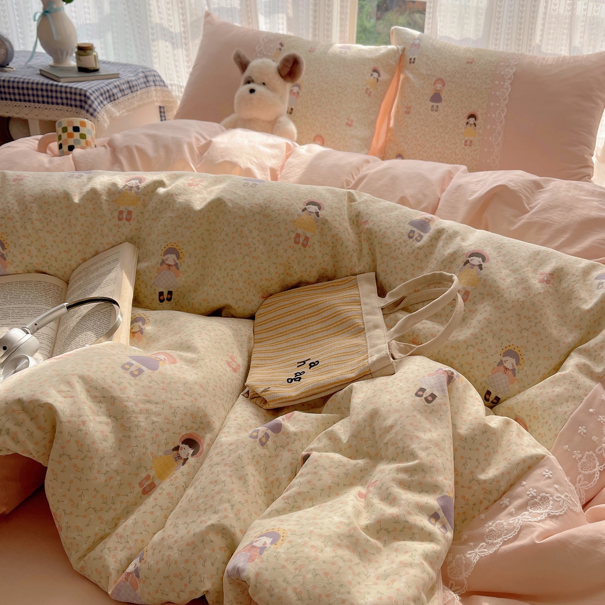 91家纺网 家纺一手货源 找家纺 盼季家纺 2025新款柔软亲肤活性印花雪纺花边四件套 雪纺花边-邻家女孩