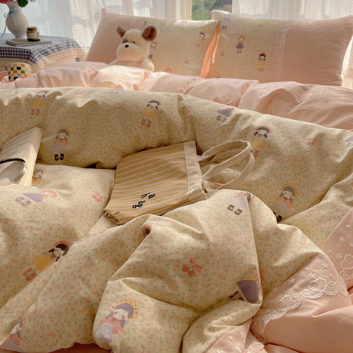 91家纺网 家纺一手货源 找家纺 盼季家纺 2025新款柔软亲肤活性印花雪纺花边四件套 雪纺花边-邻家女孩