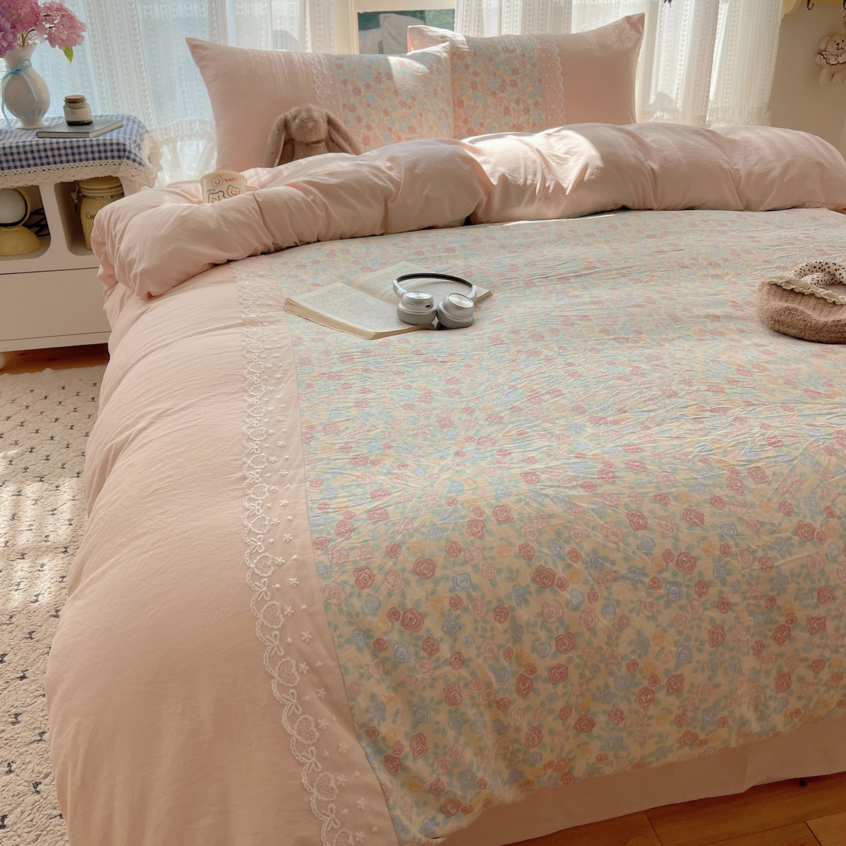 91家纺网 家纺一手货源 找家纺 盼季家纺 2025新款柔软亲肤活性印花雪纺花边四件套 雪纺花边-安娜