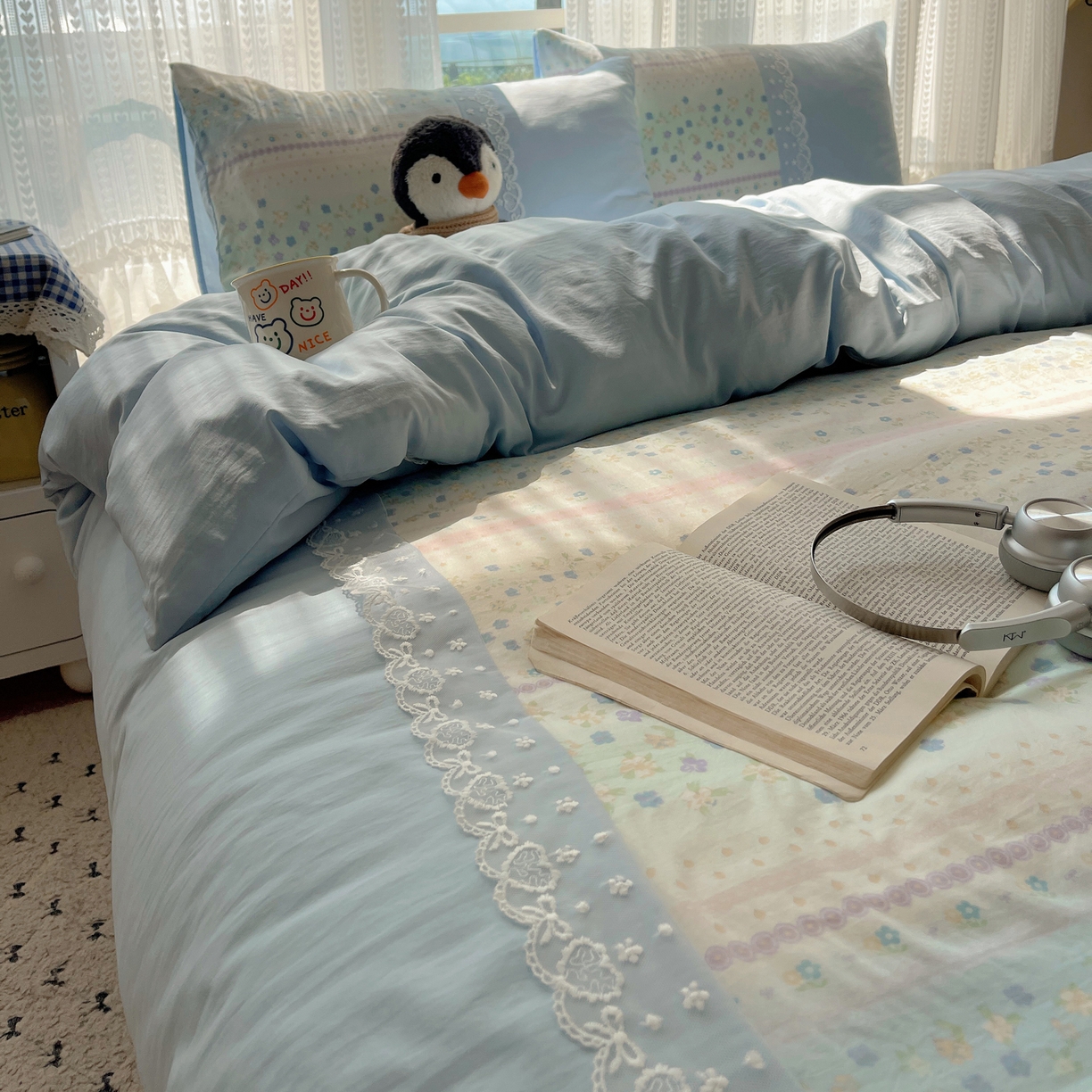 91家纺网 家纺一手货源 找家纺 盼季家纺 2025新款柔软亲肤活性印花雪纺花边四件套 雪纺花边-春天假日