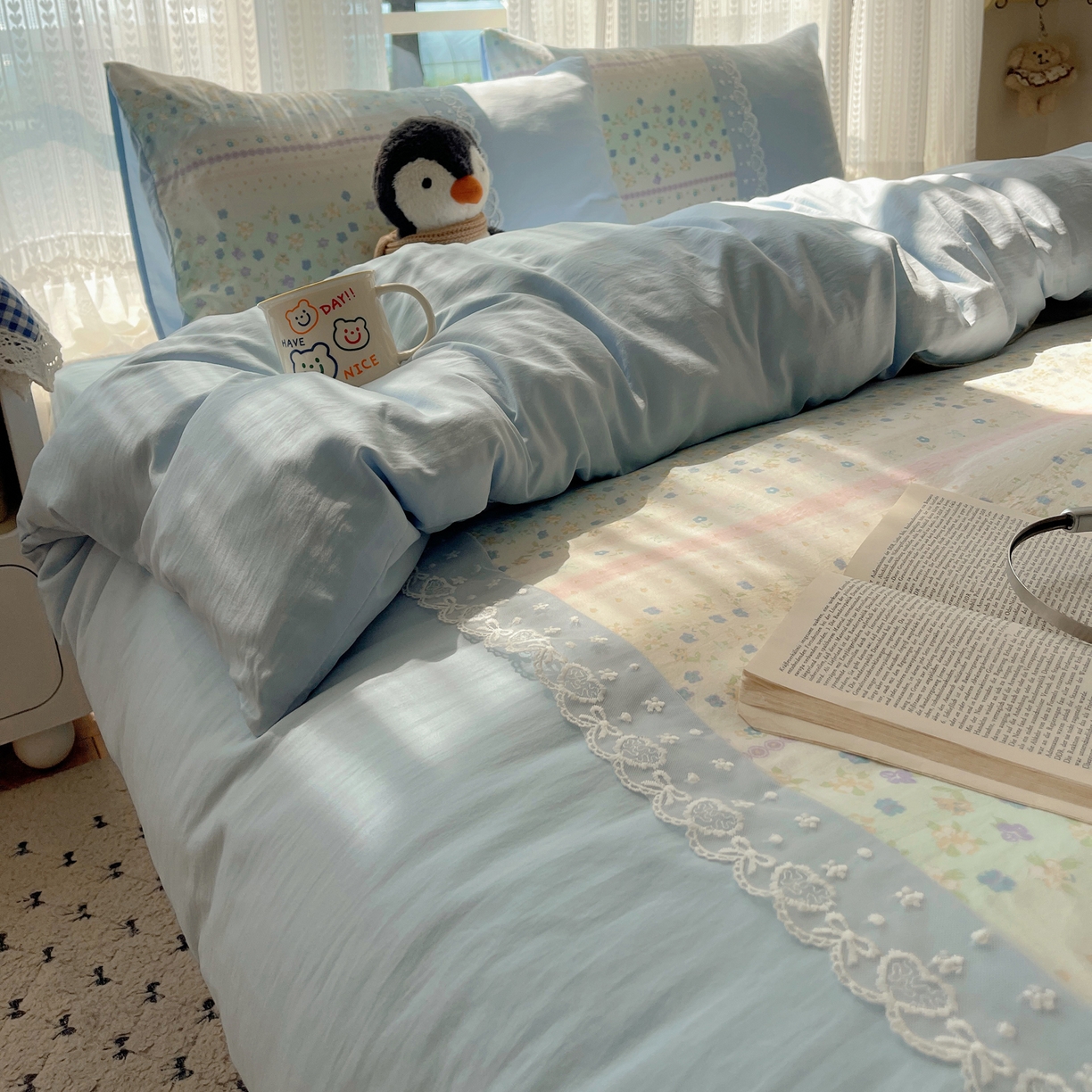 91家纺网 家纺一手货源 找家纺 盼季家纺 2025新款柔软亲肤活性印花雪纺花边四件套 雪纺花边-春天假日