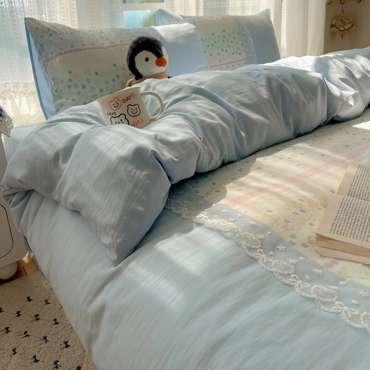 91家纺网 家纺一手货源 找家纺 盼季家纺 2025新款柔软亲肤活性印花雪纺花边四件套 雪纺花边-春天假日