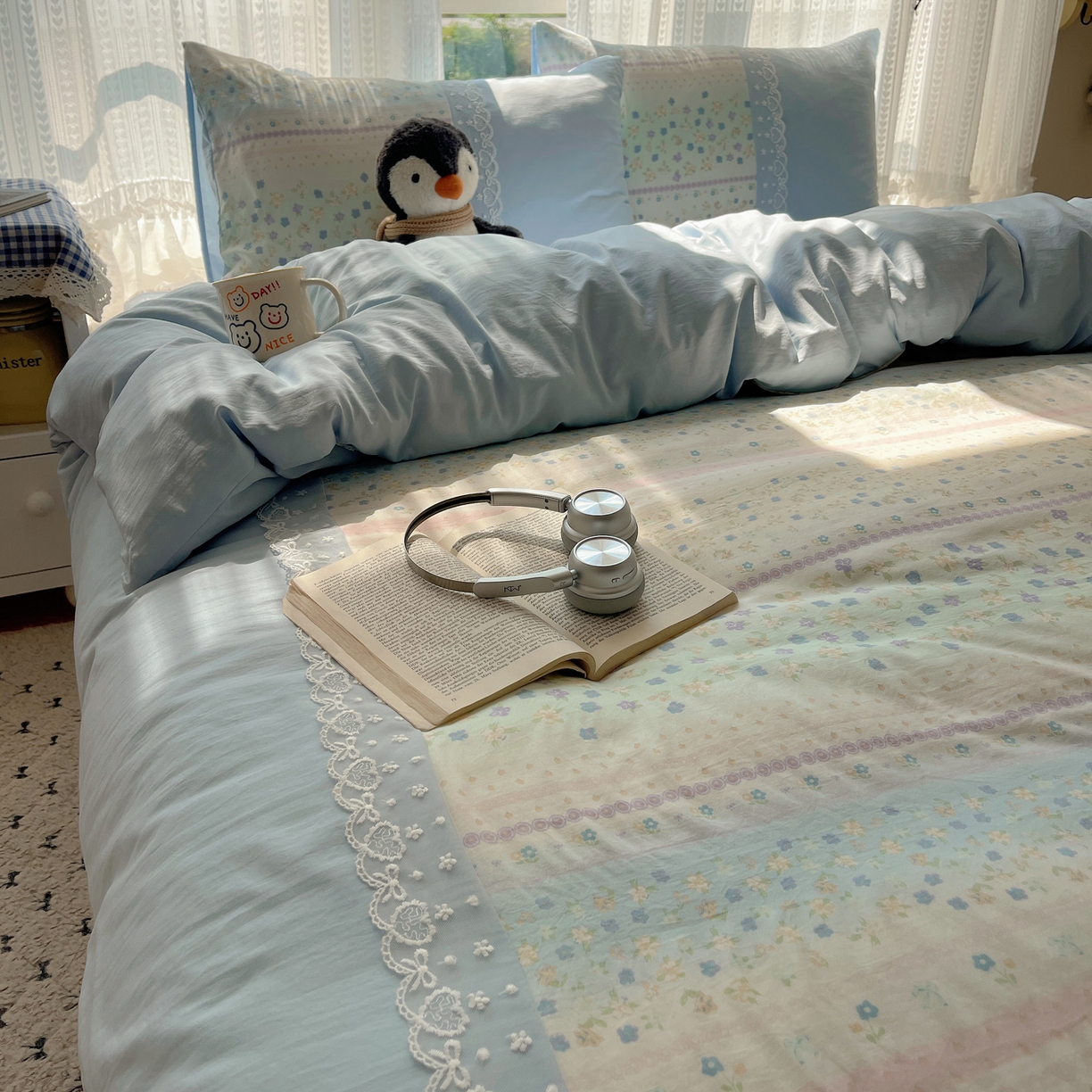 91家纺网 家纺一手货源 找家纺 盼季家纺 2025新款柔软亲肤活性印花雪纺花边四件套 雪纺花边-春天假日