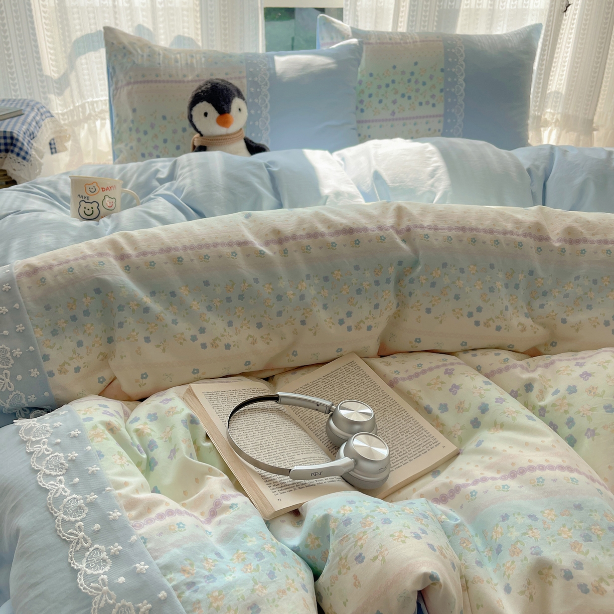 91家纺网 家纺一手货源 找家纺 盼季家纺 2025新款柔软亲肤活性印花雪纺花边四件套 雪纺花边-春天假日