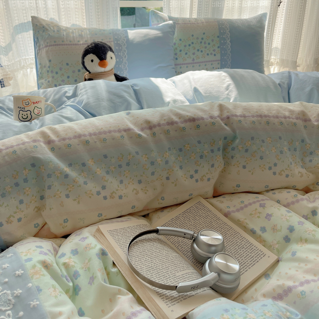 91家纺网 家纺一手货源 找家纺 盼季家纺 2025新款柔软亲肤活性印花雪纺花边四件套 雪纺花边-春天假日