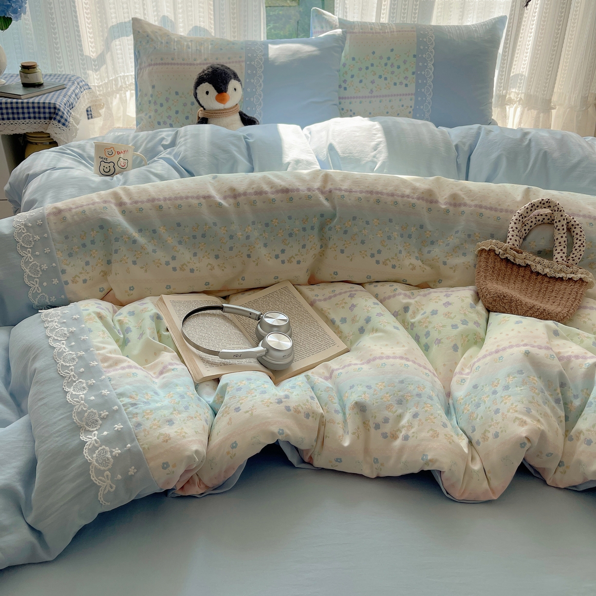 91家纺网 家纺一手货源 找家纺 盼季家纺 2025新款柔软亲肤活性印花雪纺花边四件套 雪纺花边-春天假日