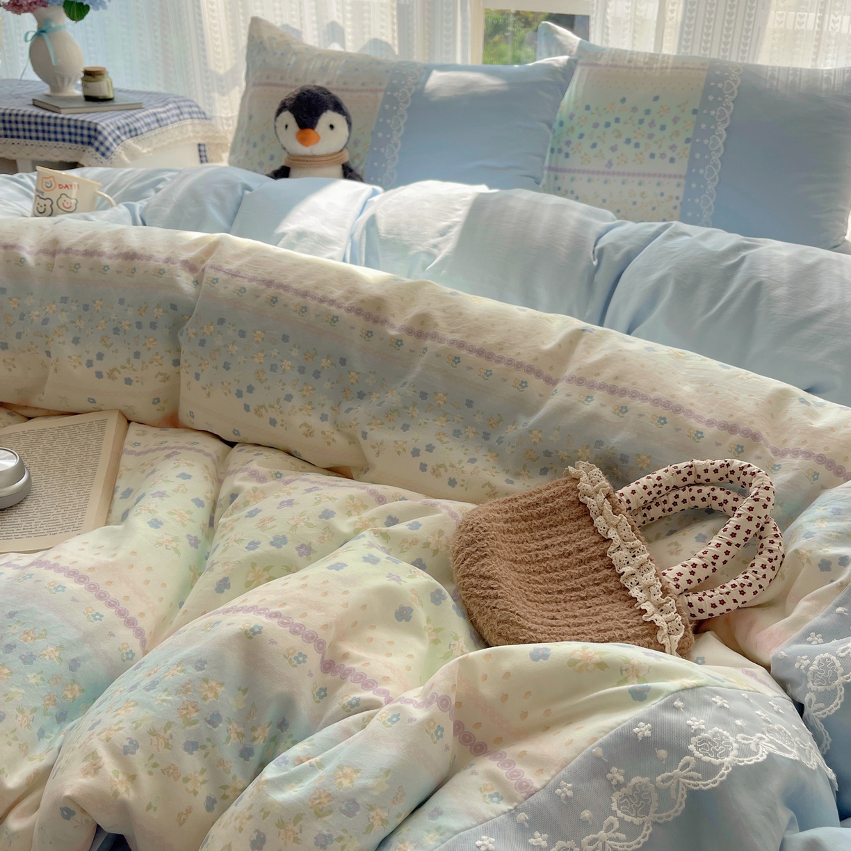 91家纺网 家纺一手货源 找家纺 盼季家纺 2025新款柔软亲肤活性印花雪纺花边四件套 雪纺花边-春天假日