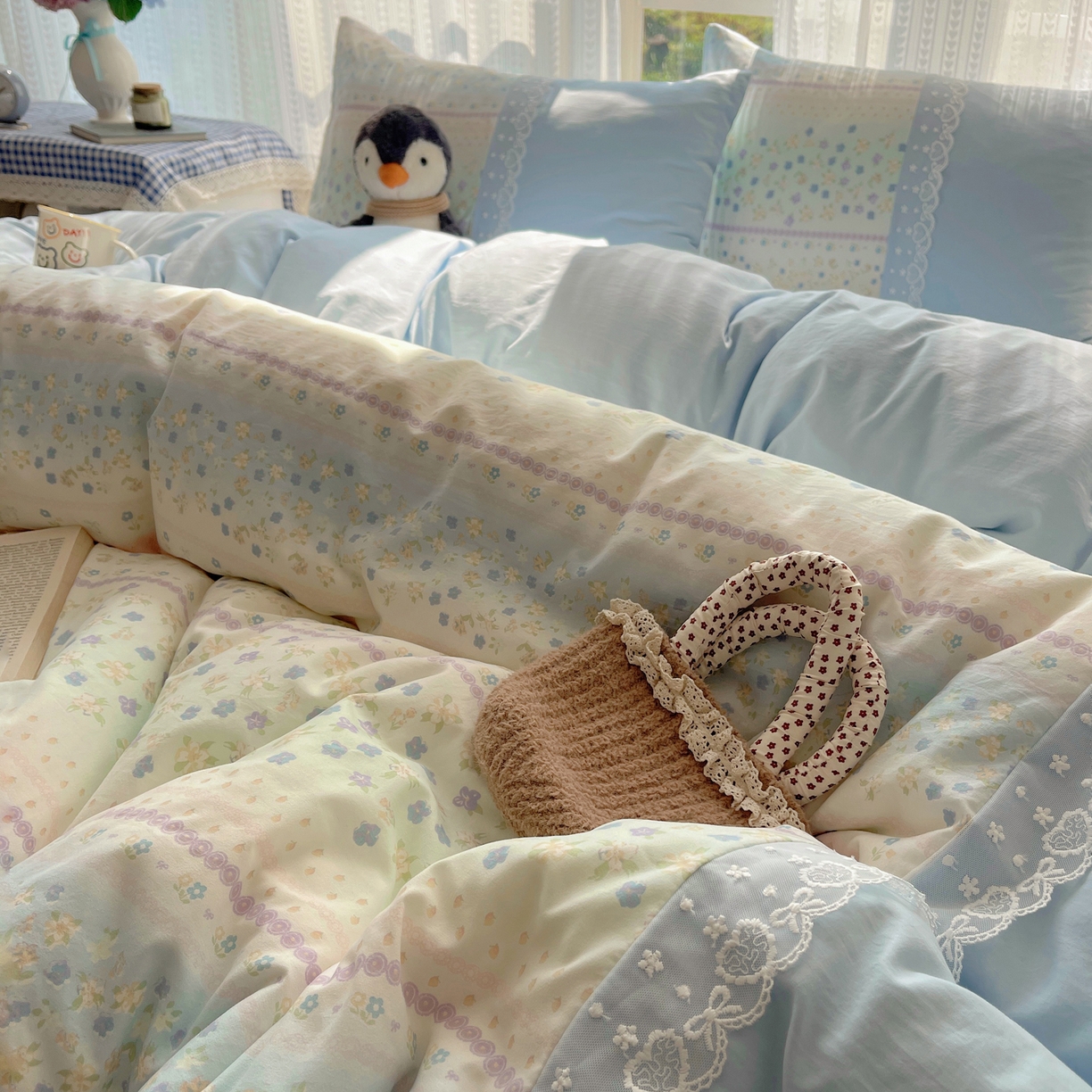 91家纺网 家纺一手货源 找家纺 盼季家纺 2025新款柔软亲肤活性印花雪纺花边四件套 雪纺花边-春天假日