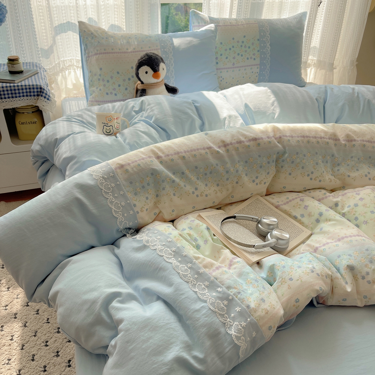 91家纺网 家纺一手货源 找家纺 盼季家纺 2025新款柔软亲肤活性印花雪纺花边四件套 雪纺花边-春天假日