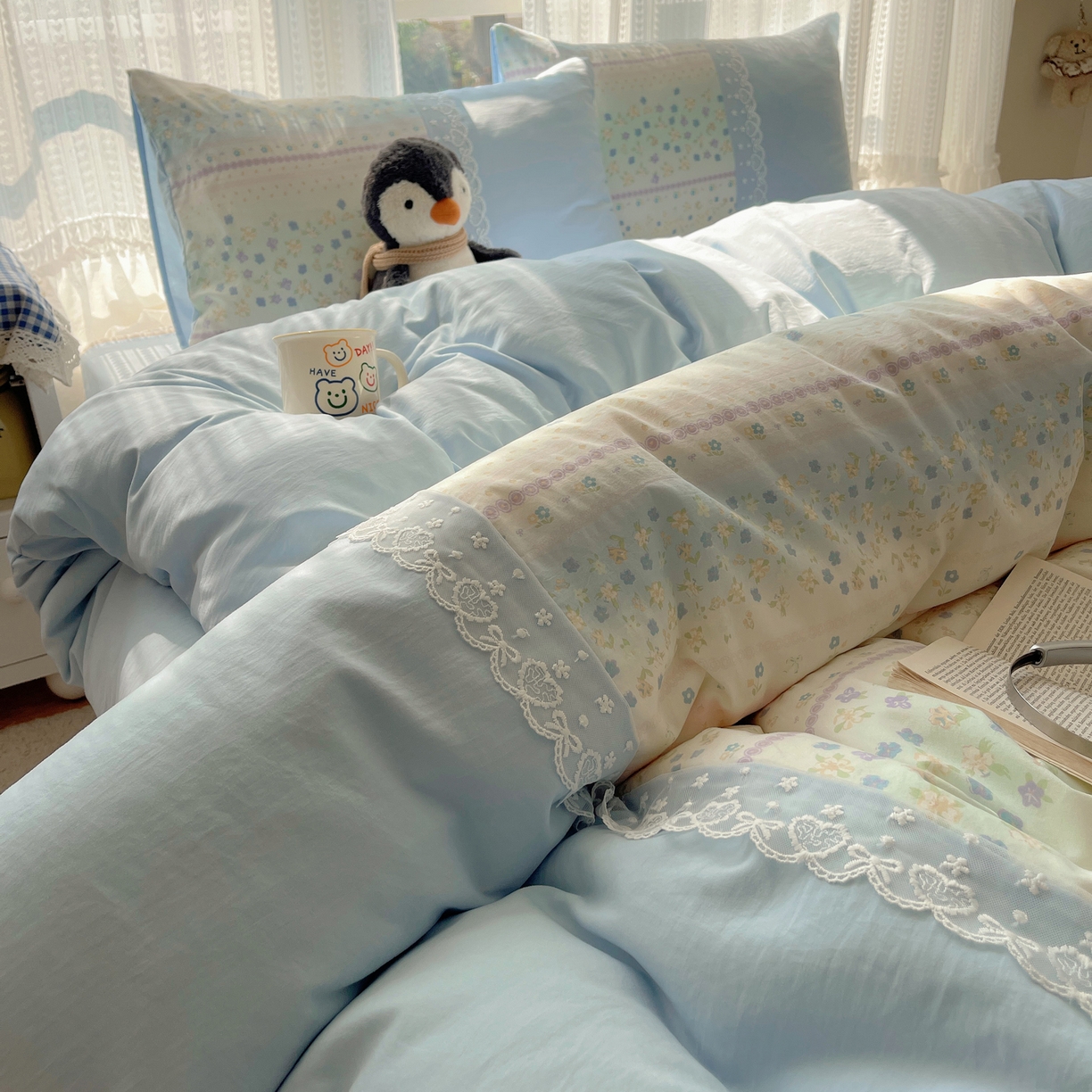 91家纺网 家纺一手货源 找家纺 盼季家纺 2025新款柔软亲肤活性印花雪纺花边四件套 雪纺花边-春天假日