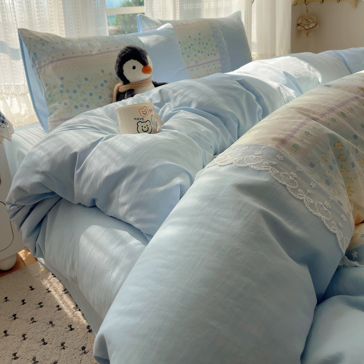 91家纺网 家纺一手货源 找家纺 盼季家纺 2025新款柔软亲肤活性印花雪纺花边四件套 雪纺花边-春天假日