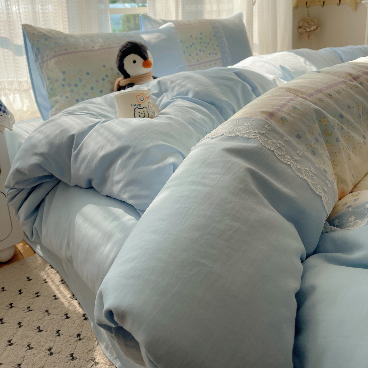 91家纺网 家纺一手货源 找家纺 盼季家纺 2025新款柔软亲肤活性印花雪纺花边四件套 雪纺花边-春天假日