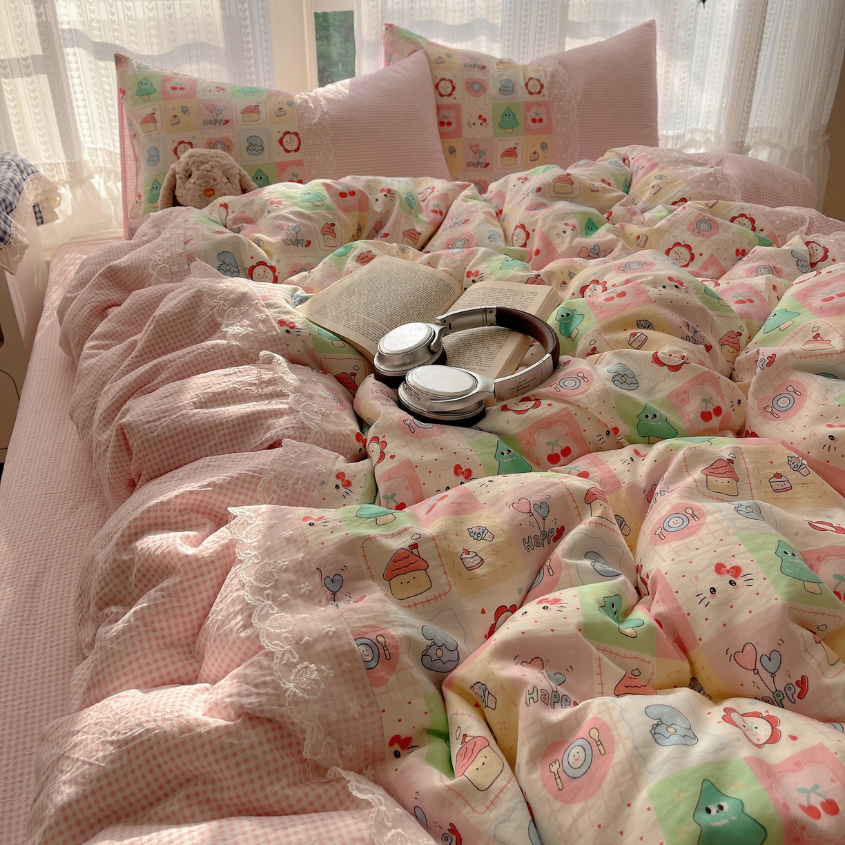 盼季家纺 2025新款柔软亲肤活性印花雪纺花边四件套 雪纺花边-方方乐园