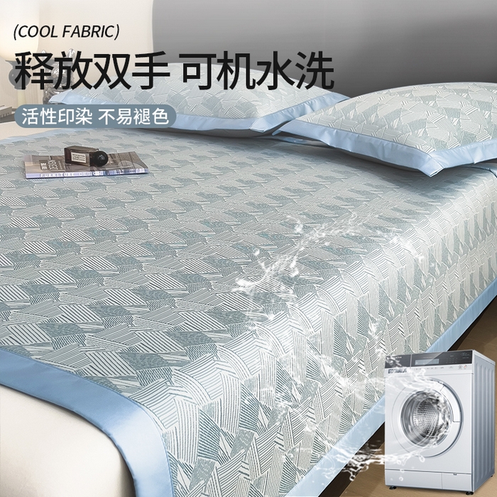 91家纺网 家纺一手货源 找家纺 莱家富 2025新款乙纶凉席冰丝席-银羽流光 蓝逸韵笺-淡雅蓝床席