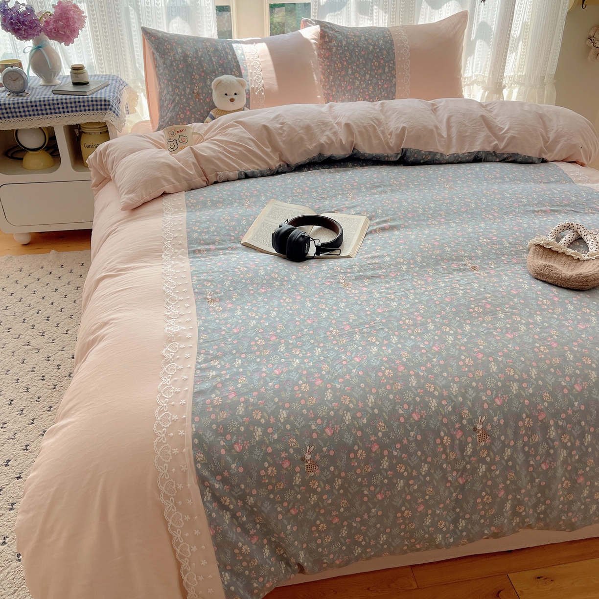 91家纺网 家纺一手货源 找家纺 盼季家纺 2025新款柔软亲肤活性印花雪纺花边四件套 雪纺花边-花花兔