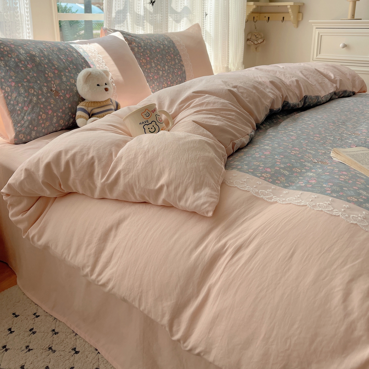 91家纺网 家纺一手货源 找家纺 盼季家纺 2025新款柔软亲肤活性印花雪纺花边四件套 雪纺花边-花花兔