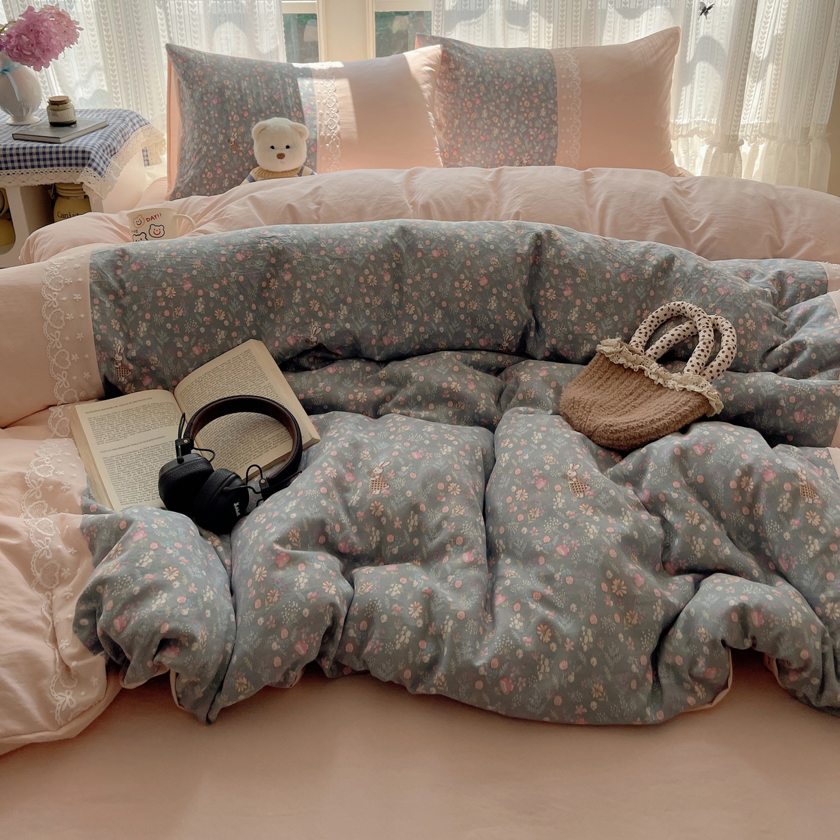 91家纺网 家纺一手货源 找家纺 盼季家纺 2025新款柔软亲肤活性印花雪纺花边四件套 雪纺花边-花花兔