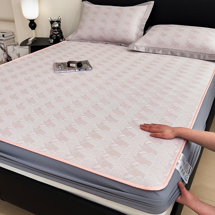 莱家富 2025新款乙纶凉席冰丝席-银羽流光 绯影幽线-素雅粉床笠