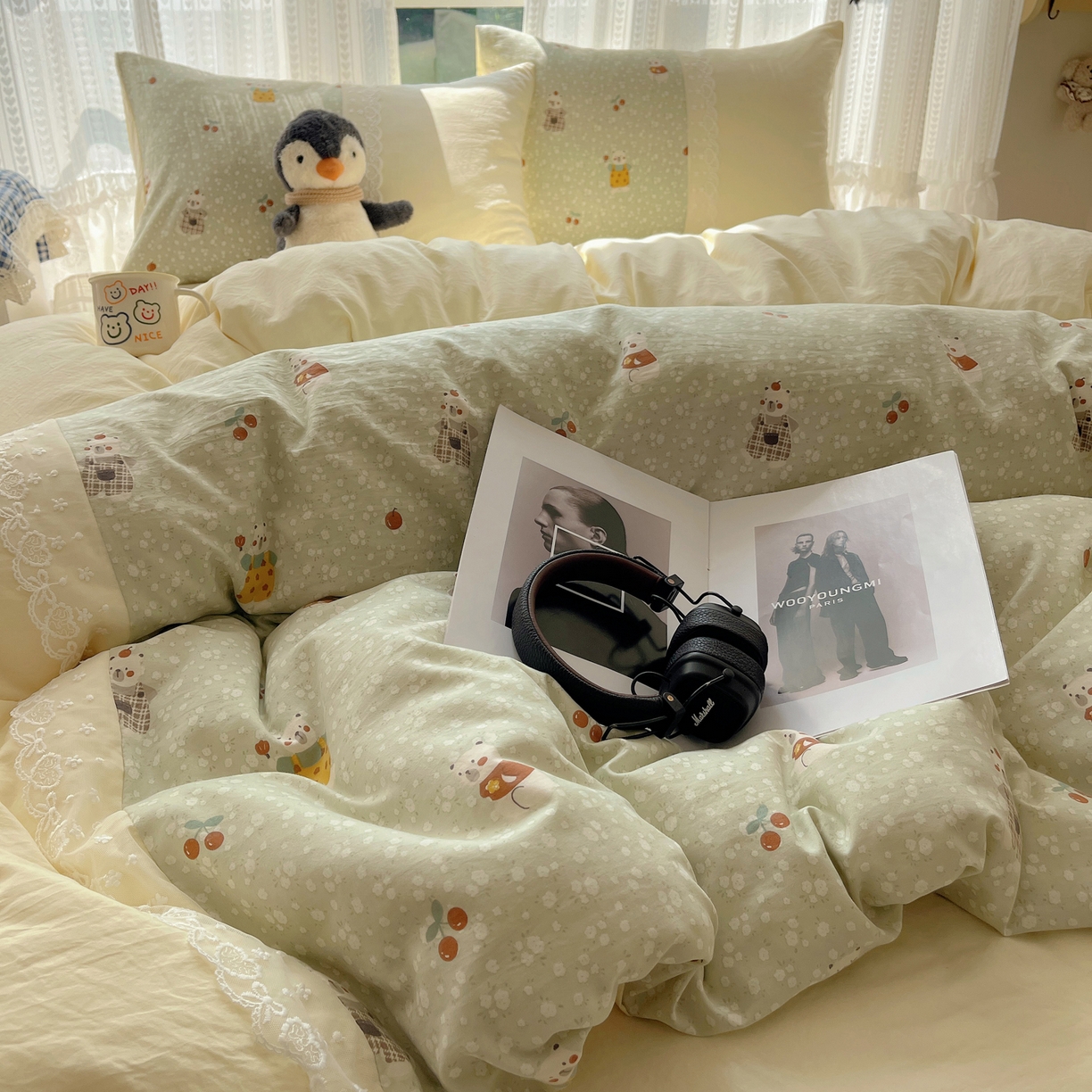 91家纺网 家纺一手货源 找家纺 盼季家纺 2025新款柔软亲肤活性印花雪纺花边四件套 雪纺花边-萌宠熊熊