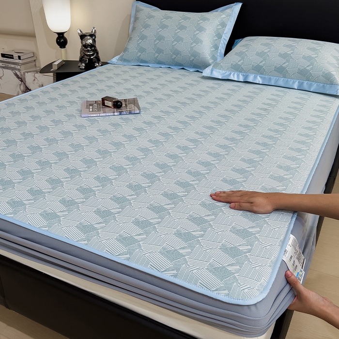 91家纺网 家纺一手货源 找家纺 莱家富 2025新款乙纶凉席冰丝席-银羽流光 蓝逸韵笺-淡雅蓝床笠