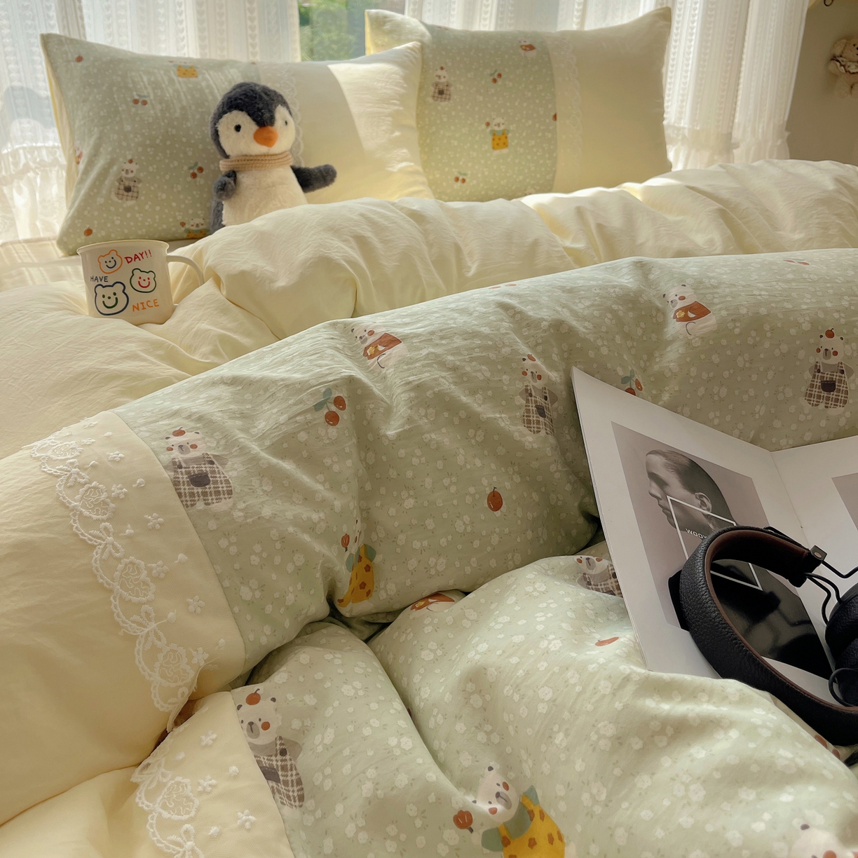 91家纺网 家纺一手货源 找家纺 盼季家纺 2025新款柔软亲肤活性印花雪纺花边四件套 雪纺花边-萌宠熊熊