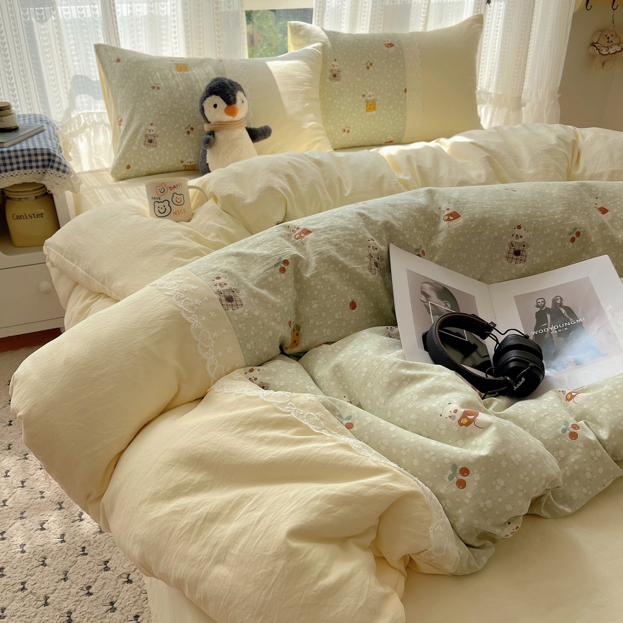 91家纺网 家纺一手货源 找家纺 盼季家纺 2025新款柔软亲肤活性印花雪纺花边四件套 雪纺花边-萌宠熊熊