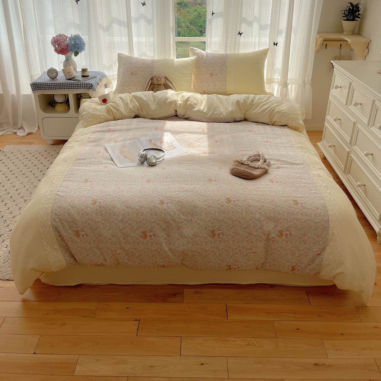 91家纺网 家纺一手货源 找家纺 盼季家纺 2025新款柔软亲肤活性印花雪纺花边四件套 雪纺花边-米娅