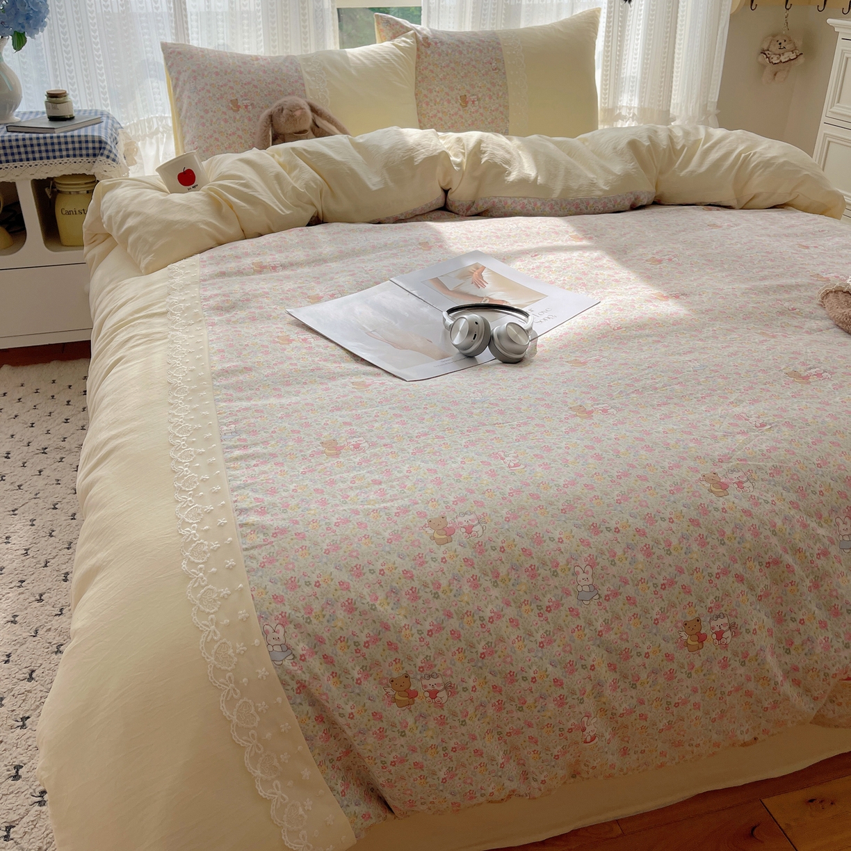 91家纺网 家纺一手货源 找家纺 盼季家纺 2025新款柔软亲肤活性印花雪纺花边四件套 雪纺花边-米娅