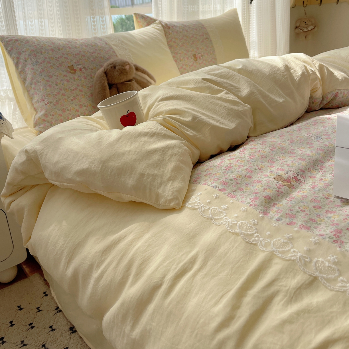 91家纺网 家纺一手货源 找家纺 盼季家纺 2025新款柔软亲肤活性印花雪纺花边四件套 雪纺花边-米娅