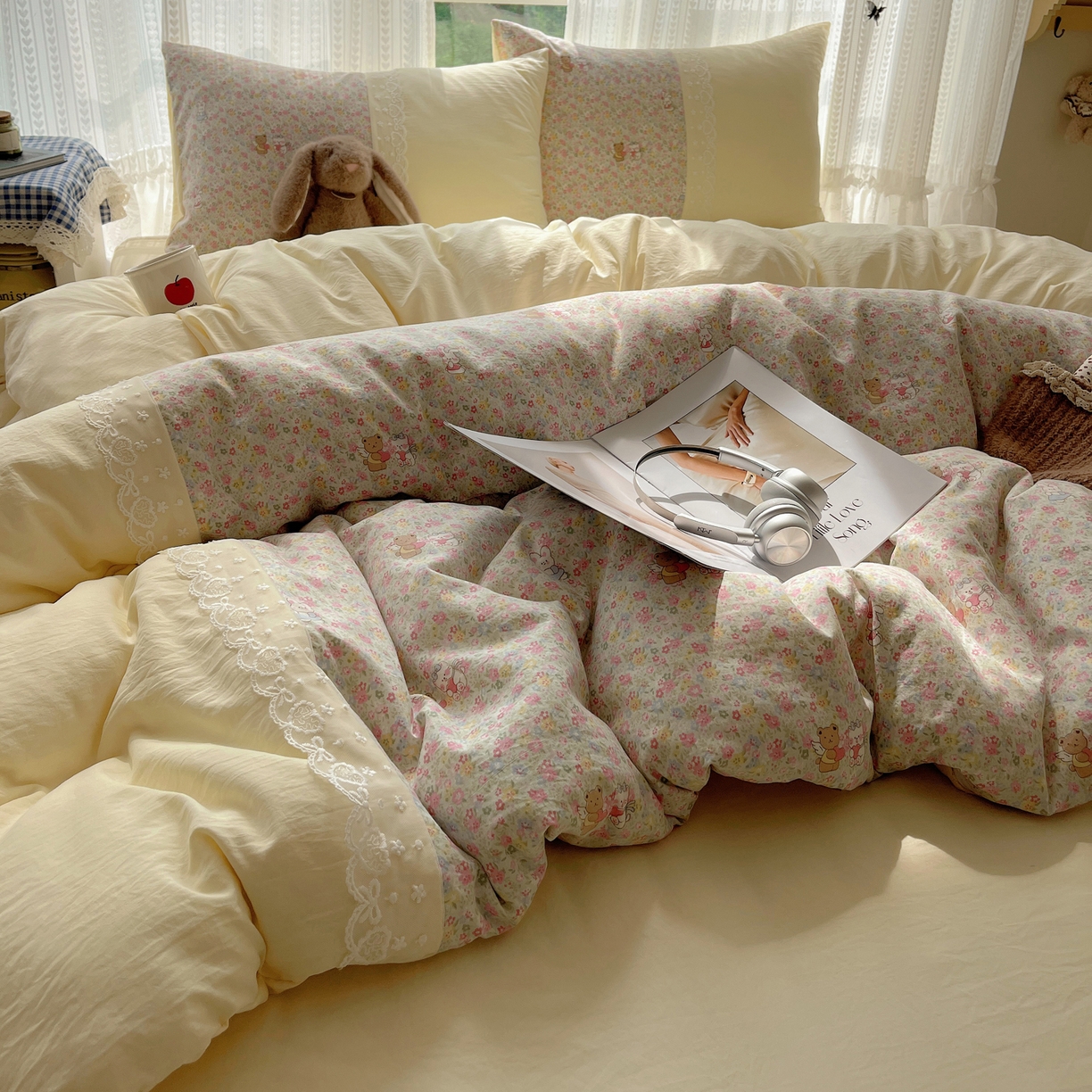 91家纺网 家纺一手货源 找家纺 盼季家纺 2025新款柔软亲肤活性印花雪纺花边四件套 雪纺花边-米娅