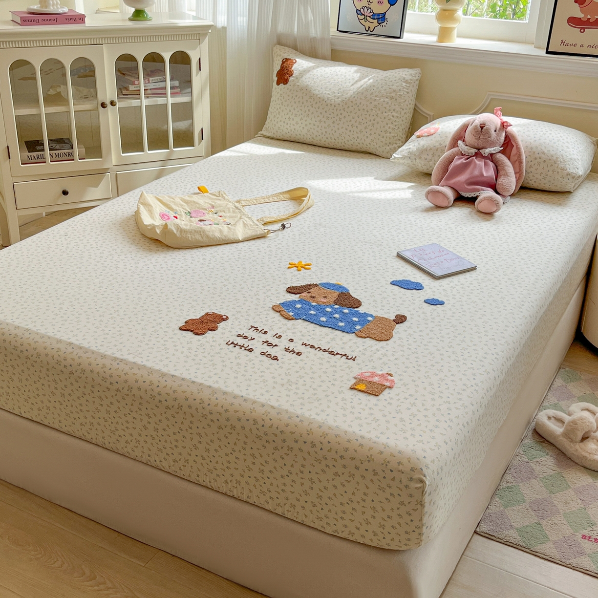 91家纺网 家纺一手货源 找家纺 盼季家纺 2025新款水洗棉毛巾绣床笠系列（提供买家秀） 毛巾绣床笠-奔跑吧小狗