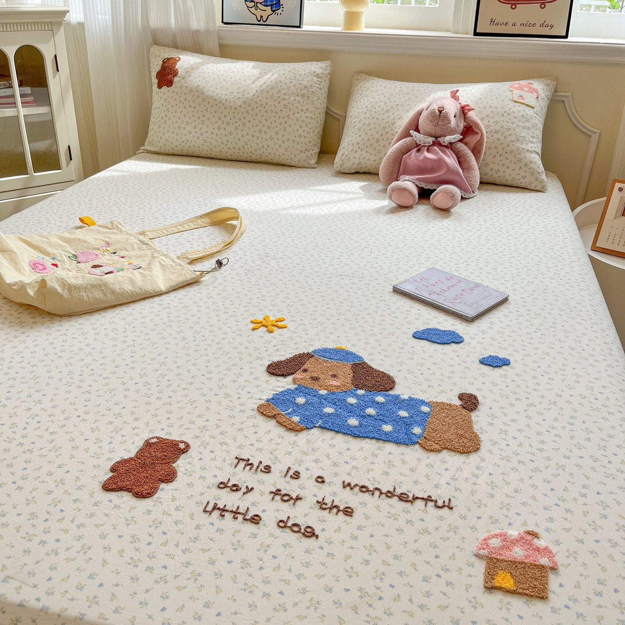 91家纺网 家纺一手货源 找家纺 盼季家纺 2025新款水洗棉毛巾绣床笠系列（提供买家秀） 毛巾绣床笠-奔跑吧小狗