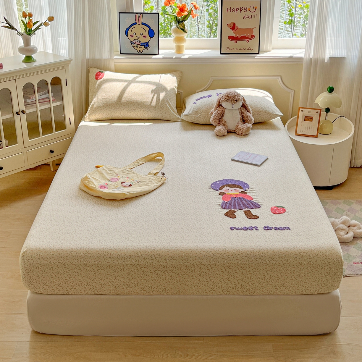 91家纺网 家纺一手货源 找家纺 盼季家纺 2025新款水洗棉毛巾绣床笠系列（提供买家秀） 毛巾绣床笠-元气少女