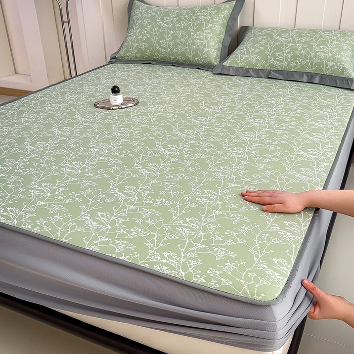 莱家富 2025新款A类乙纶凉席冰丝席-一叶枝枝 一叶枝枝-青草绿床笠