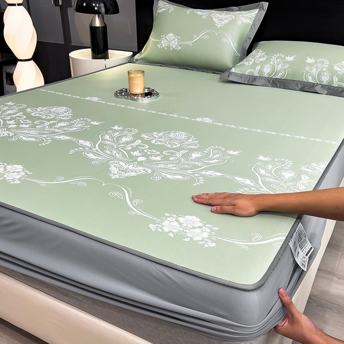 91家纺网 家纺一手货源 找家纺 莱家富 2025新款A类乙纶凉席冰丝席-晓春烂漫 晓春烂漫-苹果绿床笠