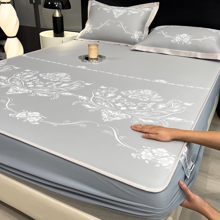 91家纺网 家纺一手货源 找家纺 莱家富 2025新款A类乙纶凉席冰丝席-晓春烂漫 晓春烂漫-银月灰床笠