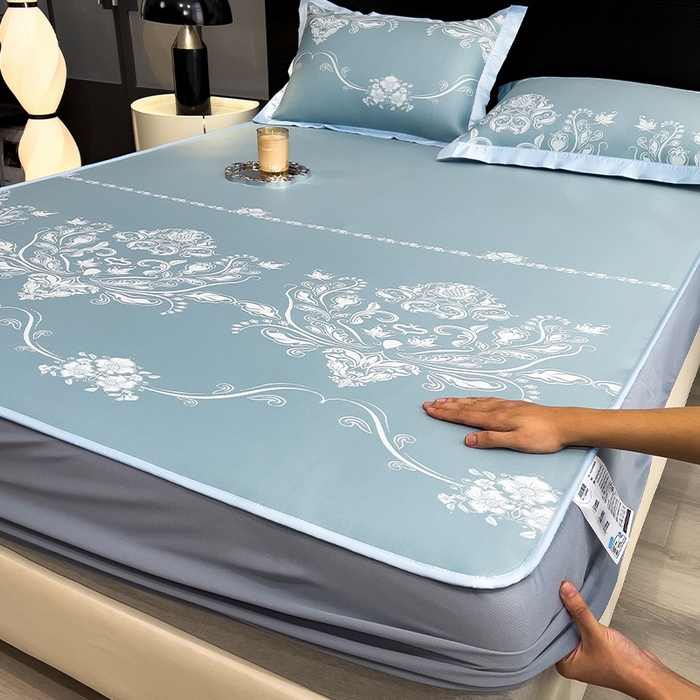 莱家富 2025新款A类乙纶凉席冰丝席-晓春烂漫 晓春烂漫-幽蓝床笠