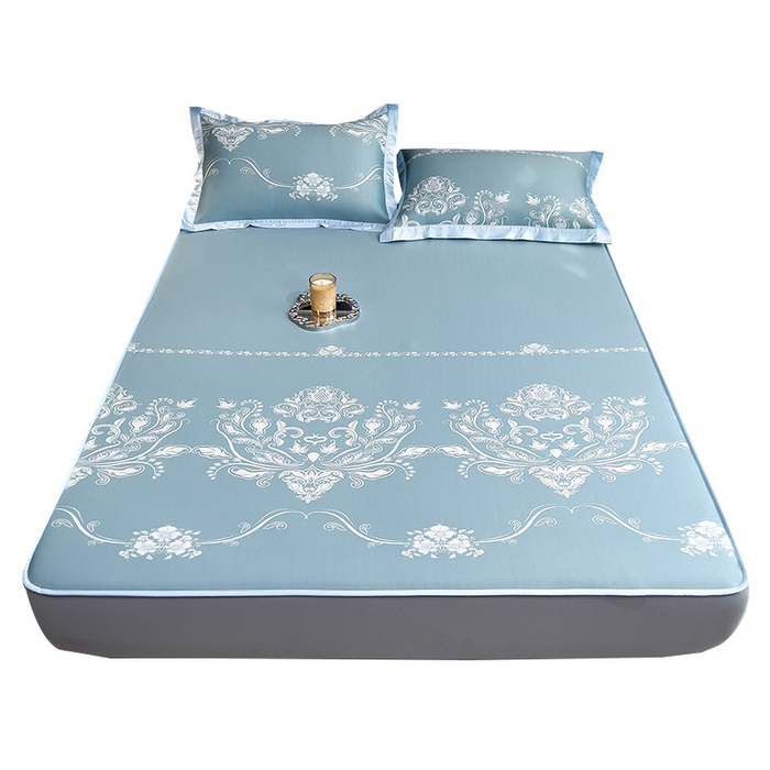 91家纺网 家纺一手货源 找家纺 莱家富 2025新款A类乙纶凉席冰丝席-晓春烂漫 晓春烂漫-幽蓝床笠