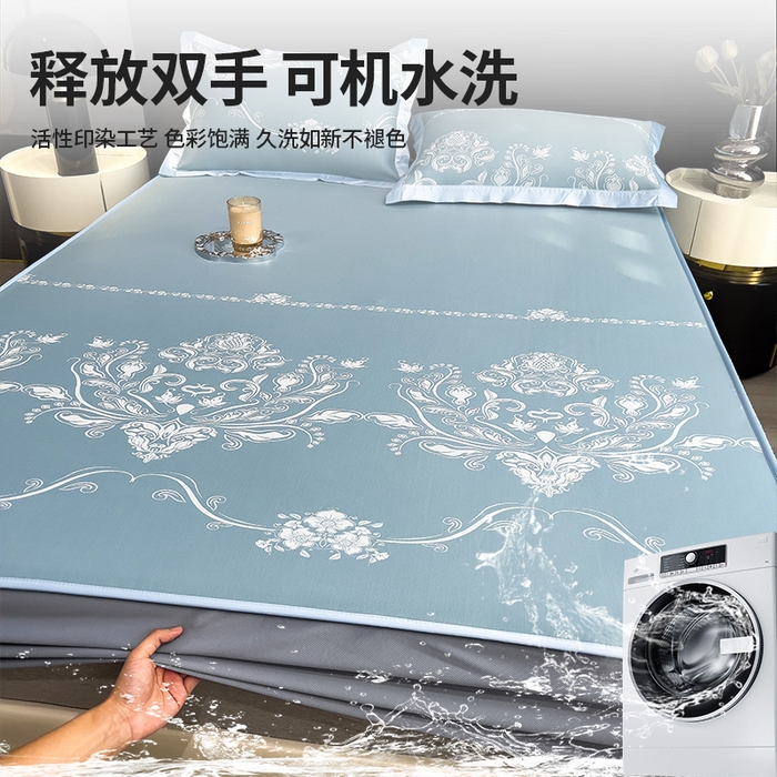 91家纺网 家纺一手货源 找家纺 莱家富 2025新款A类乙纶凉席冰丝席-晓春烂漫 晓春烂漫-幽蓝床笠