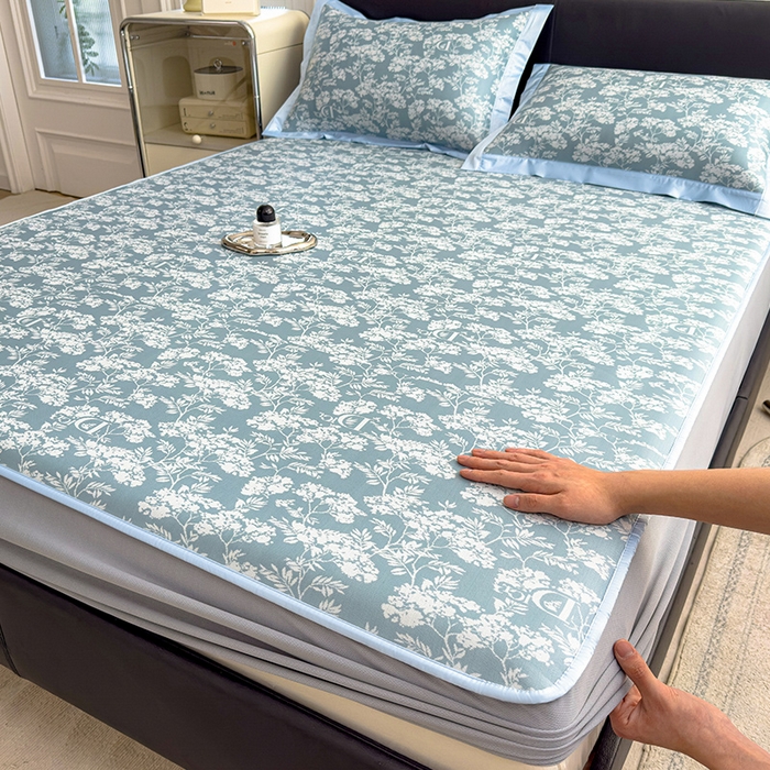 91家纺网 家纺一手货源 找家纺 莱家富 2025新款A类乙纶凉席冰丝席-繁花 繁花-天空蓝床笠